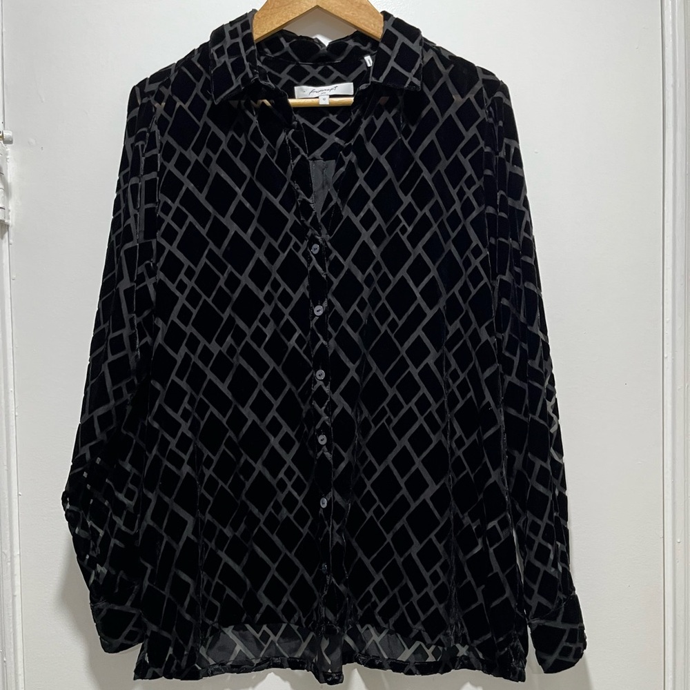Foxcroft Jade Sheer Diamond Burnout Tunic Top Black Velvet Size 12